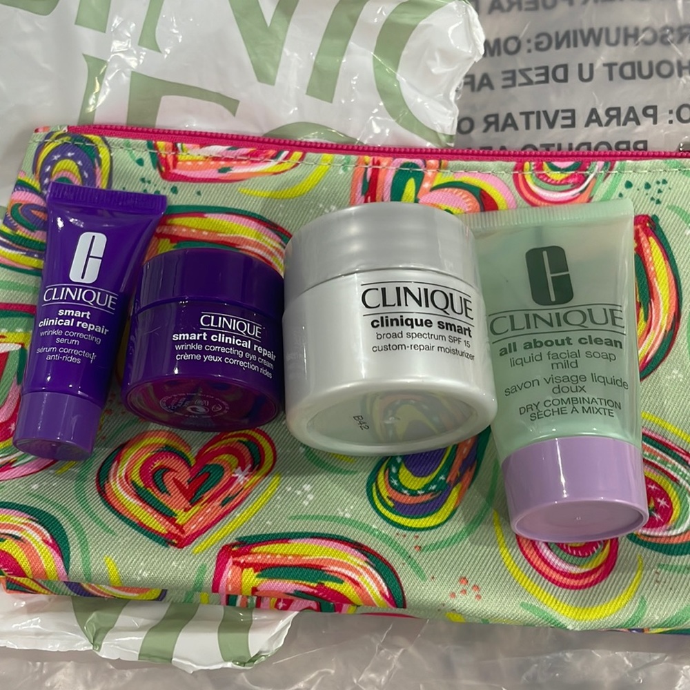 Clinique samplers and cosmetic bag